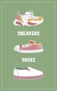 Set with three sport shoes in vector illustration. Isolated on green background. Royalty Free Stock Photo